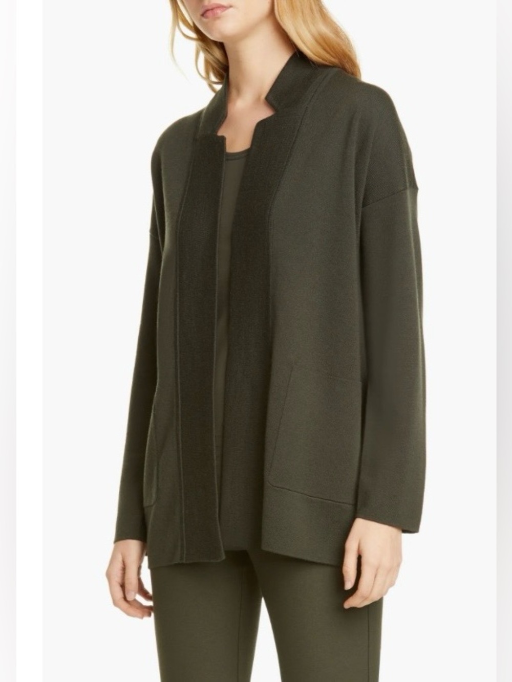 Eileen Fisher Merino Wool Blend
Notch Collar Open Front Cardigan Olive Size M